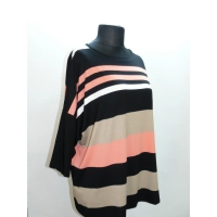 Tunika dla puszystej Wzór w paski - czarny beż koral biały